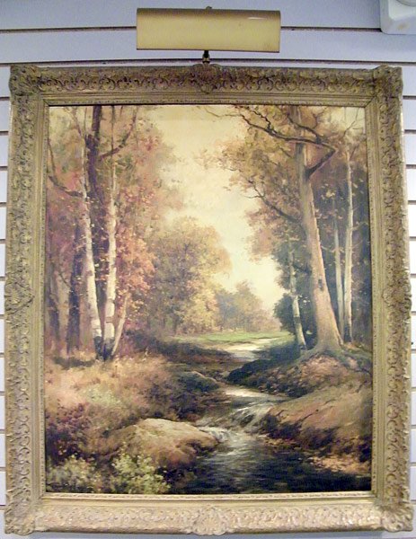 Robert W. Wood, Oil/Canvas: Robert W. Wood, oil/canvas. Autumn wooded landscape with stream. Signed lower left. 30" x 25".