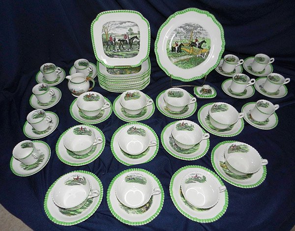 54 Pcs. Copeland Spode "Hunt" China: Lot of 54 pieces of Copeland Spode "Hunt" design china, with scenes from the original drawings by J.F. Herring. Entrée plate (10-1/2"); 9 square luncheon plates (8-1/4"); 11 cups with 6" saucers; 10 