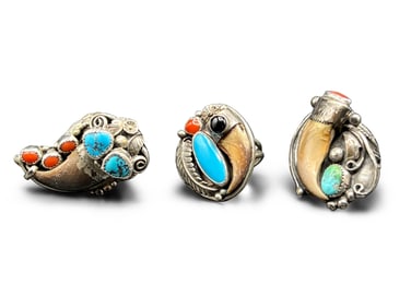 Three Navajo Turquoise and Bear Claw Rings