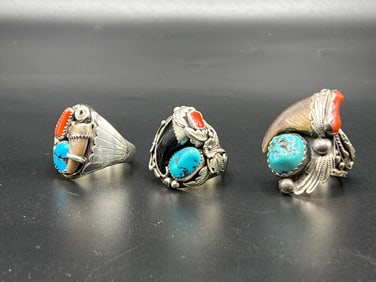 Three Navajo Turquoise and Bear Claw Rings