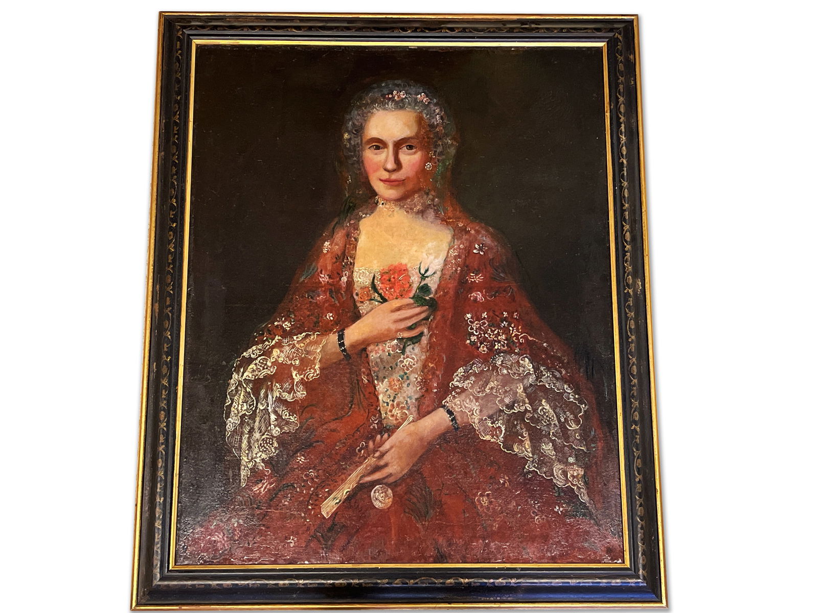 Continental School. Oil on Canvas: Portrait: An unsigned Continental School oil on canvas portrait of a woman wearing an intricate lace dress and holding flowers and a fan. Frame opening: 31-1/2in x 25in. Frame: 36in x 30in. | Philadelphia Metro