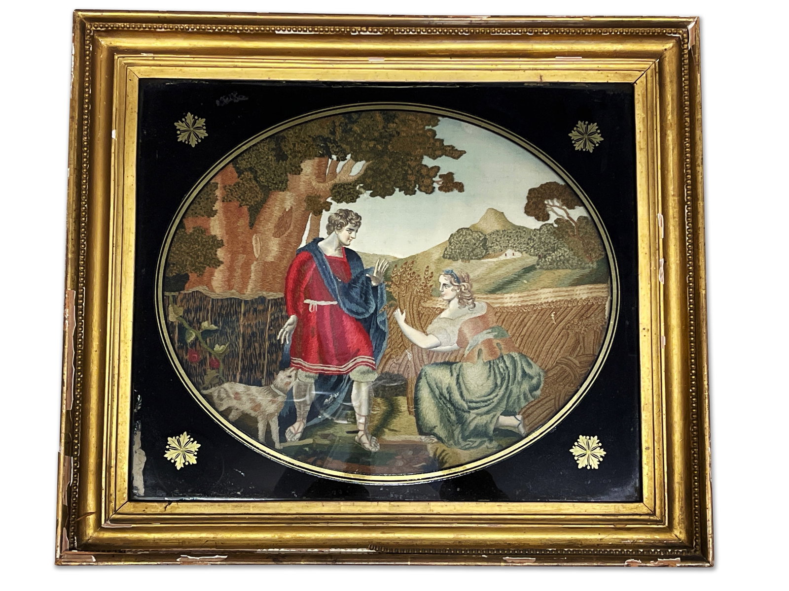 19th C. Georgian Silk Embroidery: A 19th C. silk embroidery depicting a biblical scene. In a gilt frame. Mat opening: 13-1/2in x 16in. Frame: 19-1/2in x 22-1/2in. | Philadelphia Metro area delivery, NYC curbside delivery, and internat