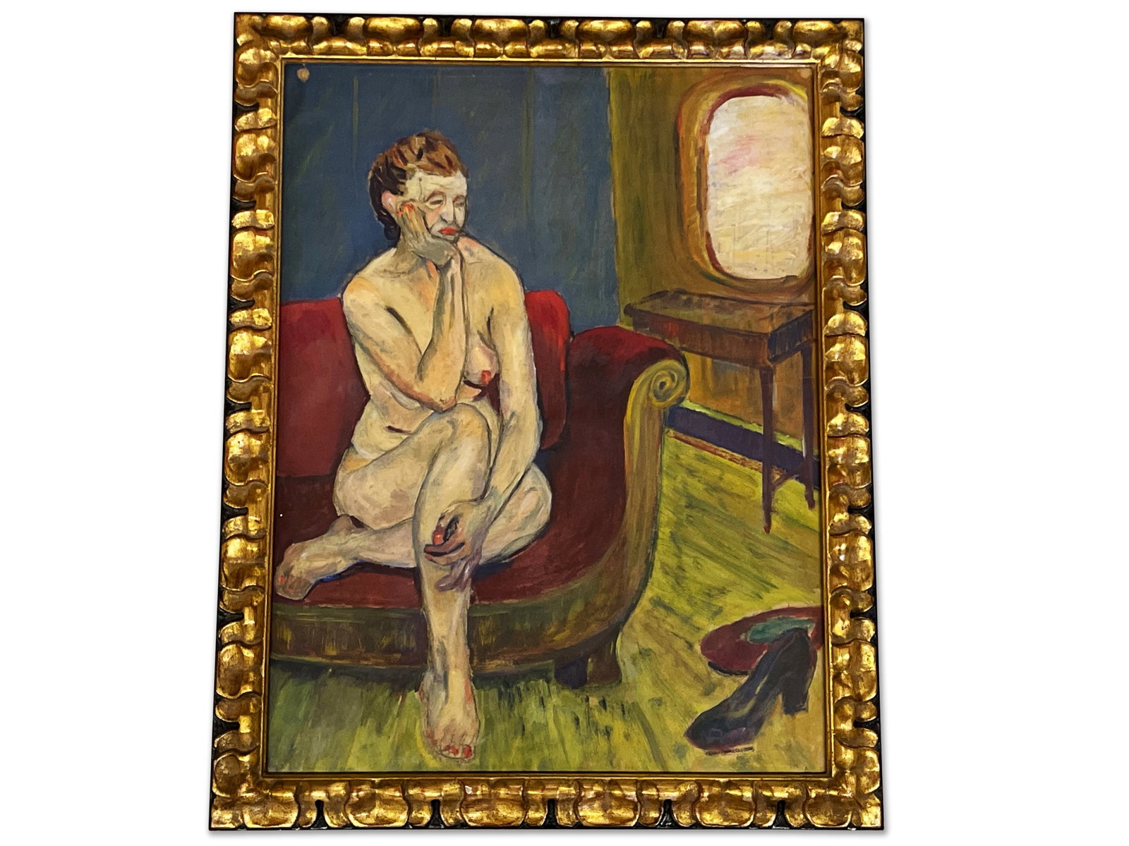 Oil Pastel/Paper. Seated Nude Figure: An unsigned oil pastel on paper of a seated nude figure. In a gilt wood frame. Ursula Hobson gallery tag on back. Frame opening: 23in x 17-1/2in. Frame: 26-1/2in x 21in. | Philadelphia Metro area deli