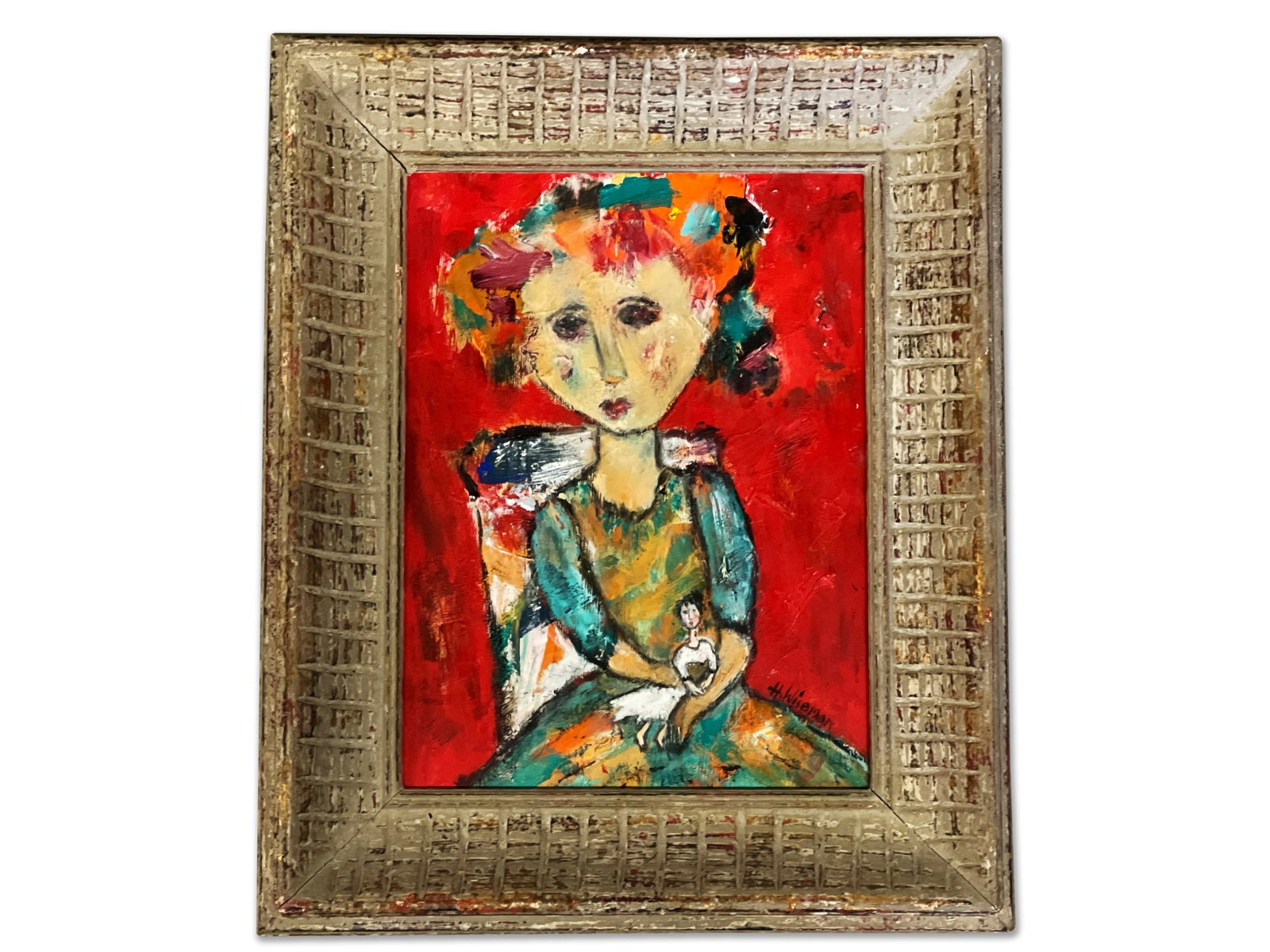 Harriet Wiseman. Oil/Board: Seated Figure: Harriet Wiseman (American, 20th C.). An oil on board of a seated figure holding a doll. Signed lower right. Board: 11-1/2in x 8-1/2in. Frame: 17in x 13-1/2in. | Philadelphia Metro area delivery, NYC c