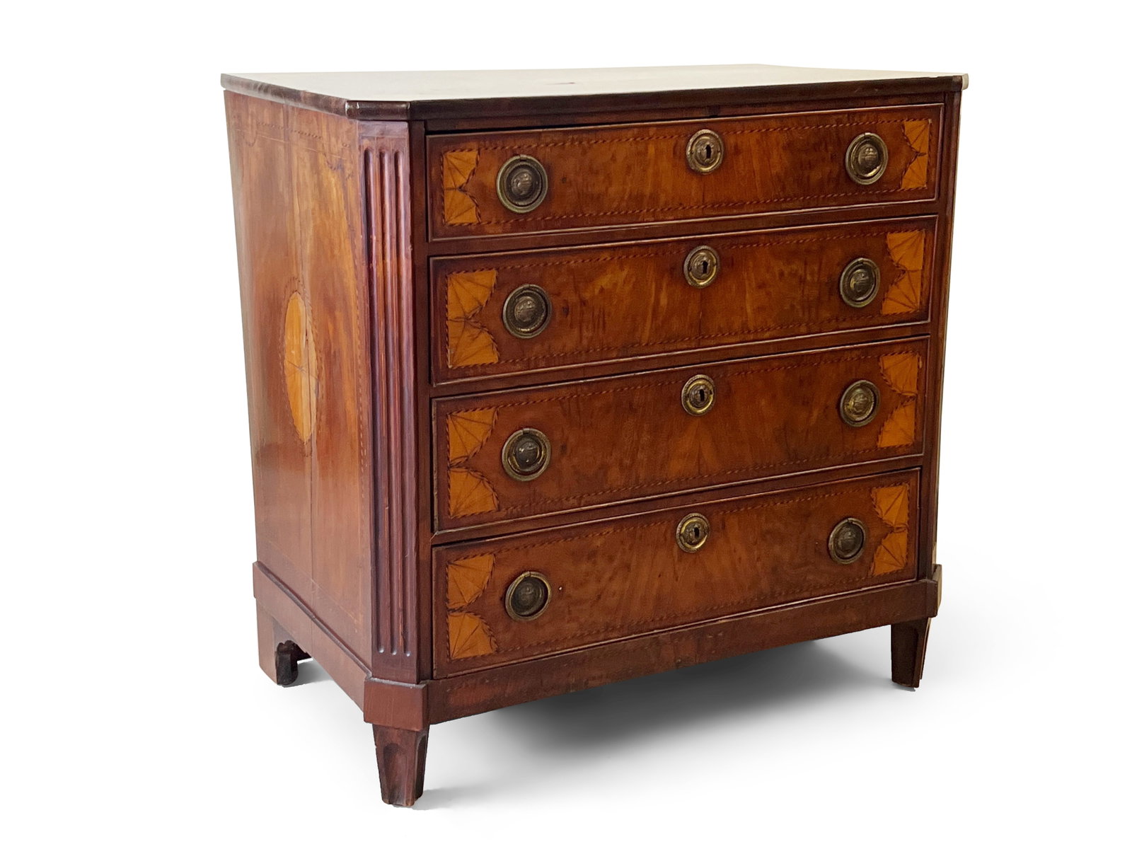 Federal Inlaid Mahogany Chest of Drawers: A Federal mahogany chest of drawers, with a fan inlaid case and four drawers, flanked by reeded column sides. 33in tall x 33-3/4in wide x 20-1/2in deep. | Philadelphia Metro area delivery, NYC curbsid