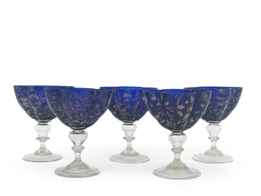 Five Gold-Flecked Cobalt Crystal Goblets