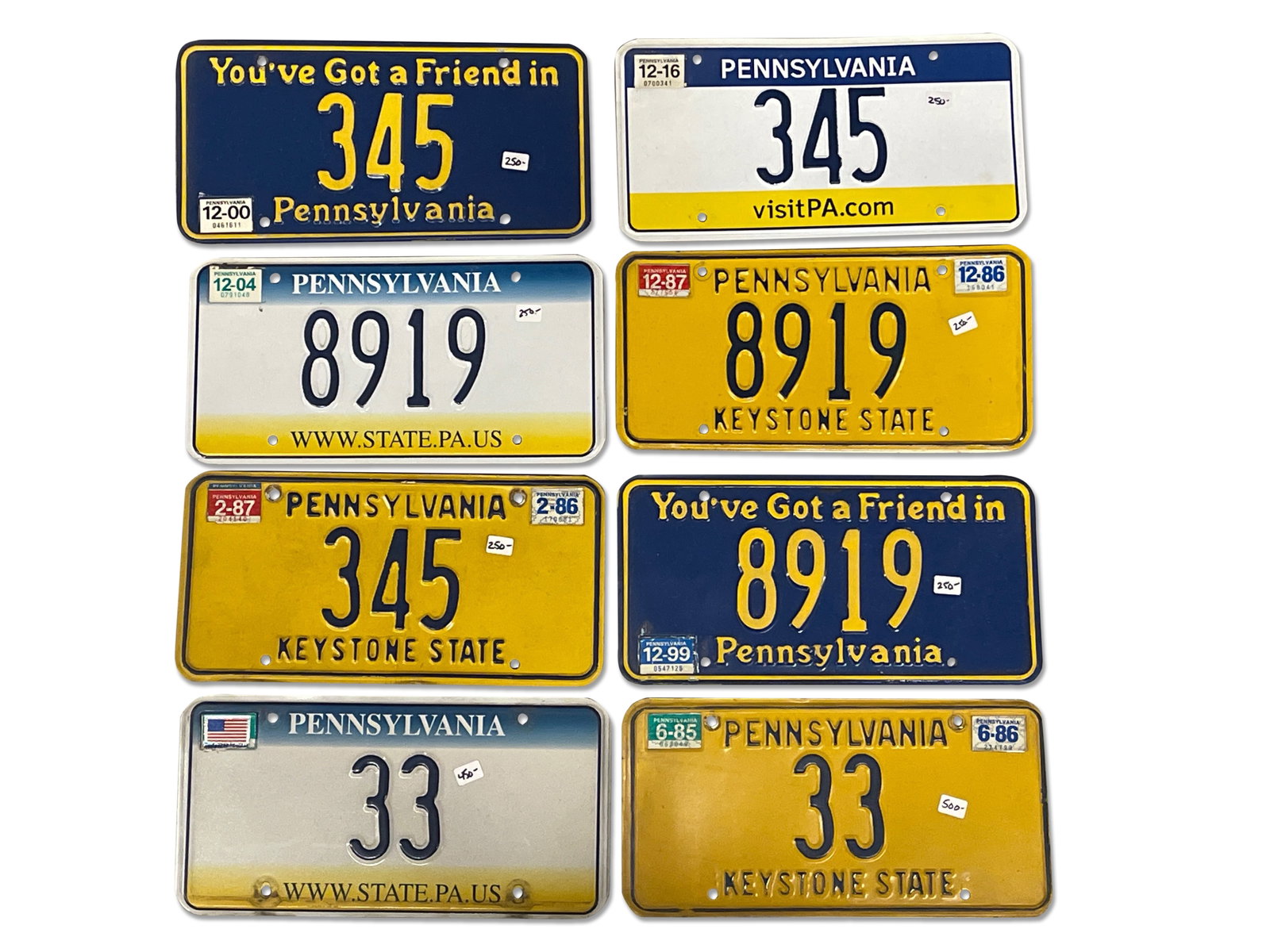 Eight Pennsylvania License Plates: Eight Pennsylvania license plates dating from 1987 - 2016. From the Estate of Frank L. Rizzo, former two-term mayor of Philadelphia. 6-1/2in tall x 11in wide. | Philadelphia Metro area delivery, NYC c