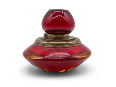 Cranberry Glass and Brass Inkwell