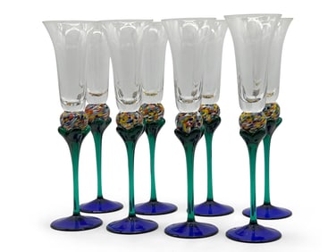 Eight Czech Art Glass Champagne Flutes