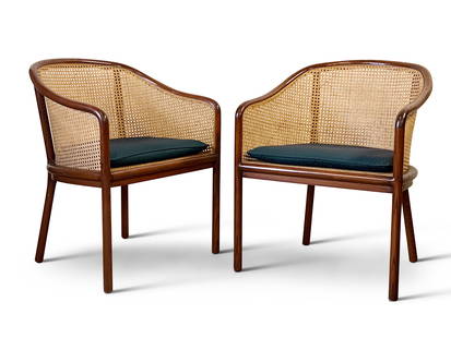 Pair of Ward Bennett Caned Armchairs: A pair of Ward Bennett for Brickel Associates American midcentury modern bentwood and cane armchairs. 30-1/2in tall x 25in wide x 22in deep. | Philadelphia Metro area delivery, NYC curbside delivery,