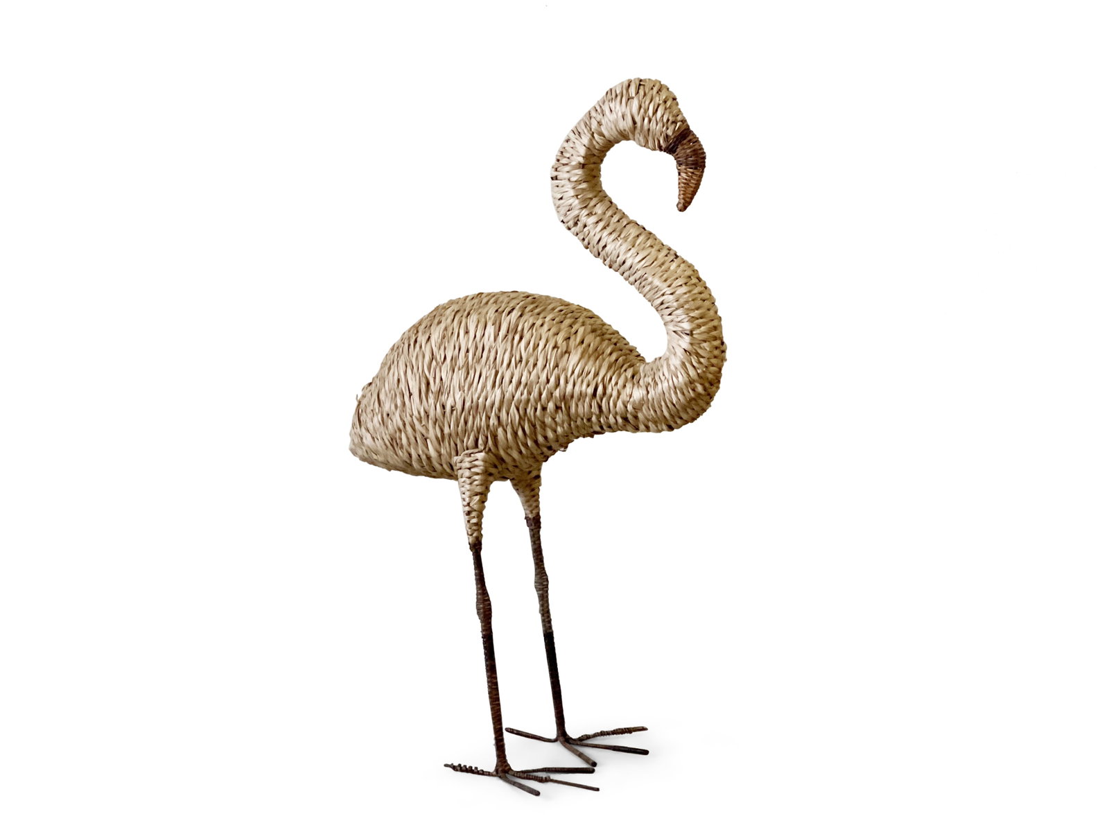 Mario Lopez-style Wicker Flamingo: A Mario Lopez-style wicker rattan flamingo sculpture. 37in tall x 24in wide. | Philadelphia Metro area delivery, NYC curbside delivery, and international third-party shipper information are all availa