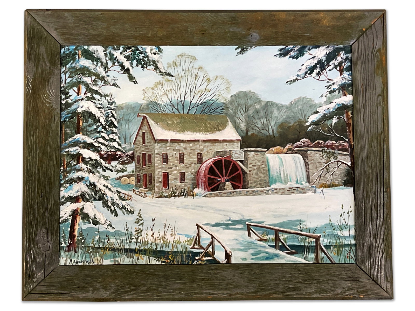 M.R. Waldspurger. Oil/Canvas: Cottage: M.R. Waldspurger (Harleysville, 1923-1992). An oil on board winter scene at a stone farmhouse. Signed lower right. Board: 17in x 22-1/2in. Frame: 22in x 27-1/2in. | Philadelphia Metro area delivery, N