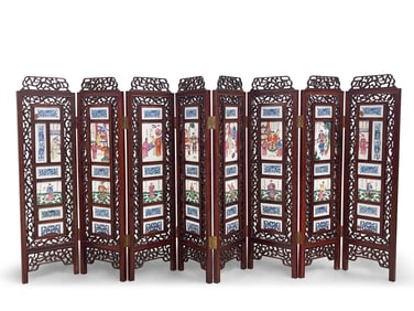 Chinese Famille Rose and Hardwood Folding Screen