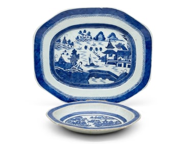 Two Chinese Canton Blue & White Platters