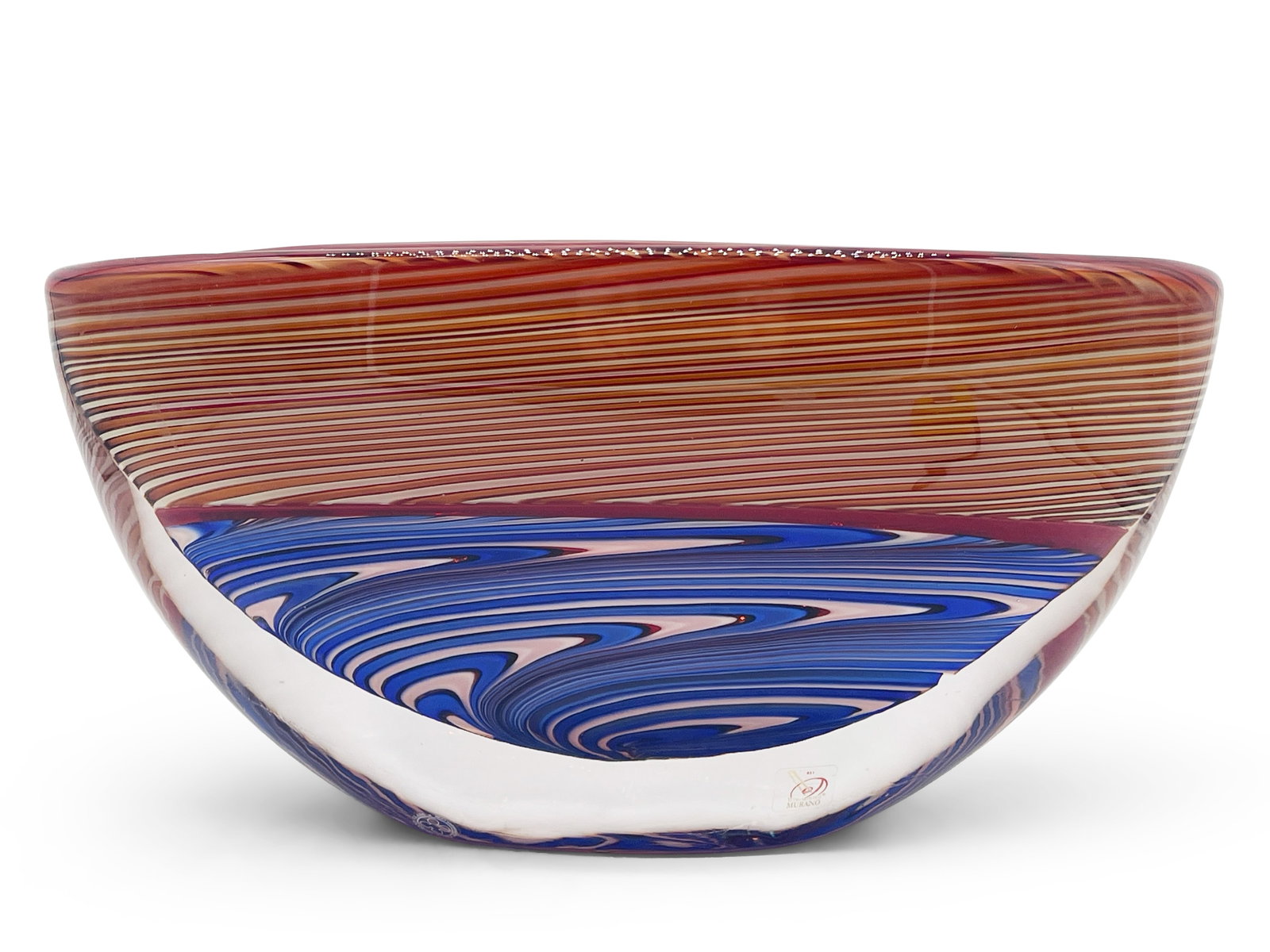 Seguso Murano Art Glass Bowl: A Seguso Murano Art glass bowl with vibrant colors. Signed Seguso and with Murano sticker. 7-1/2in tall x 14in wide. | Philadelphia Metro area delivery, NYC curbside delivery, and international third-