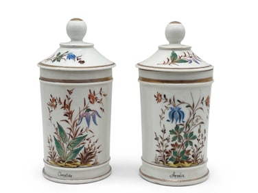 Two Gilt Decorated Botanical Apothecary Jars