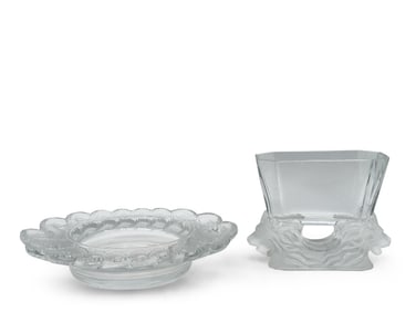 Lalique Auriac Bowl and Double Lion Vase