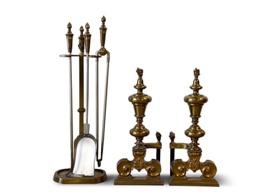 Brass Flame Top Andirons and Fireplace Tools