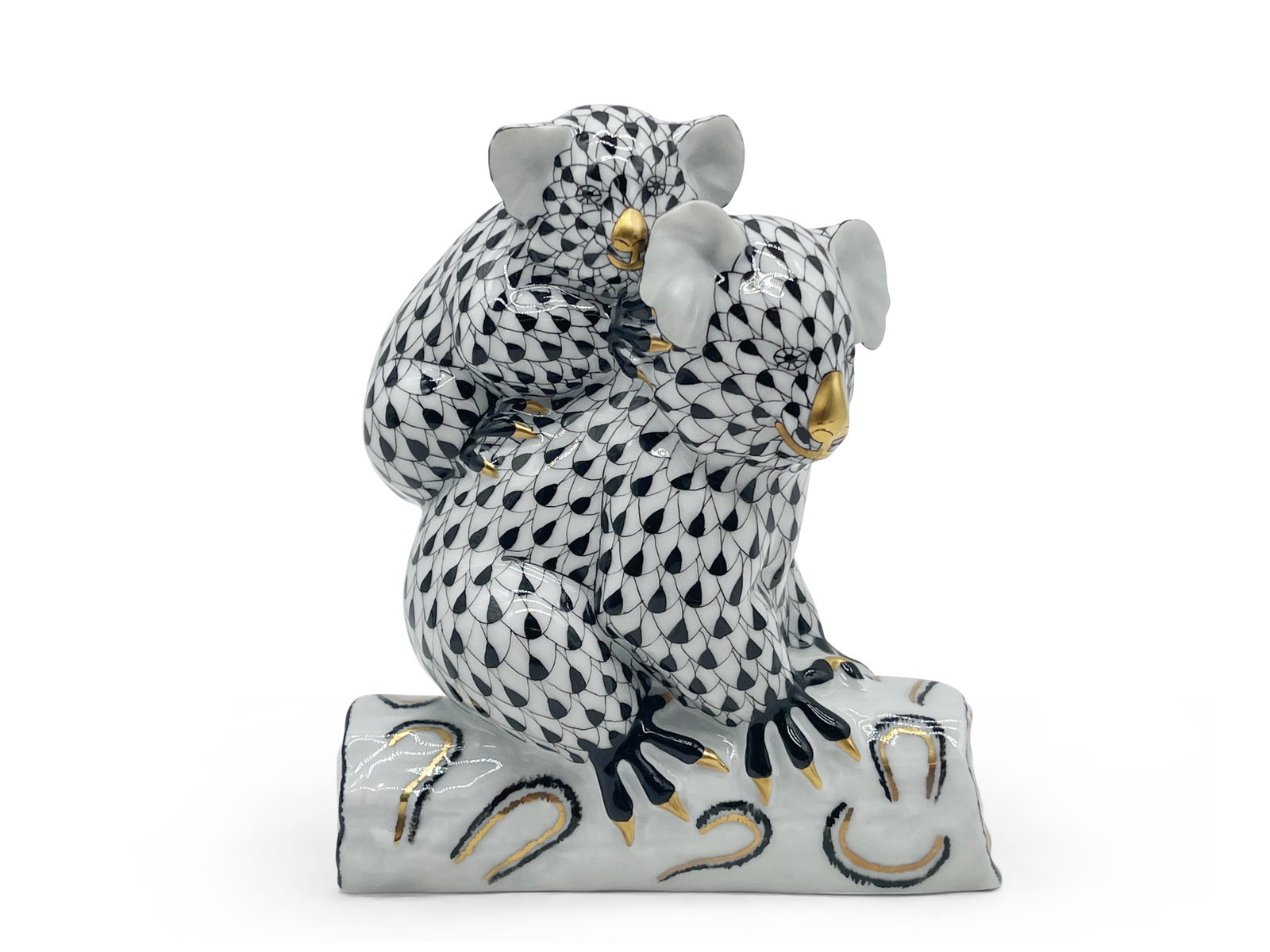 Herend Fishnet Koala: A Herend of Hungary porcelain black fishnet pattern grouping of mother and baby koalas. Marked Herend. 5-1/2in tall x 4-1/2in wide. | Philadelphia Metro area delivery, NYC curbside delivery, and inter