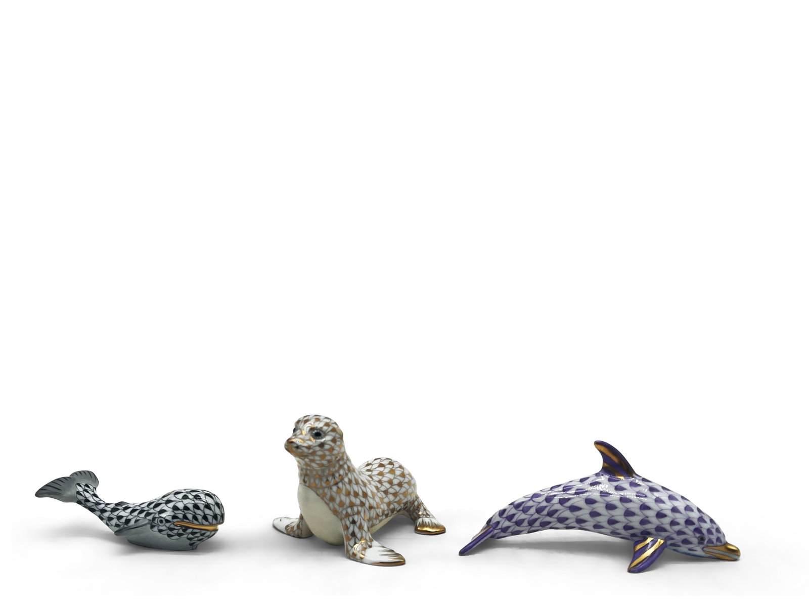 Three Herend Fishnet Animals: Three Herend of Hungary porcelain fishnet pattern animals: seal, dolphin and whale. All marked Herend. Largest: 2-1/2in tall x 3in wide. | Philadelphia Metro area delivery, NYC curbside delivery, and 