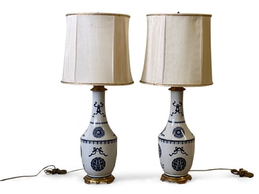 Pr. Chinese Blue & White Porcelain Table Lamps