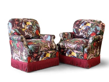 Pair of Chinoiserie Upholstered Swivel Club Chairs