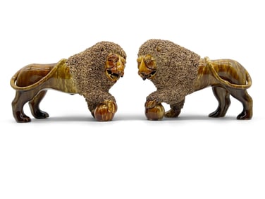 Fine Pair of Bennington Flint Enamel Lions