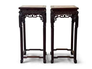 Pair of Chinese Hardwood Marble-Top Stands