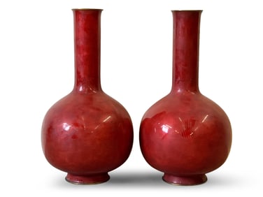 Large Pair of Oxblood Enameled Bottle Vases