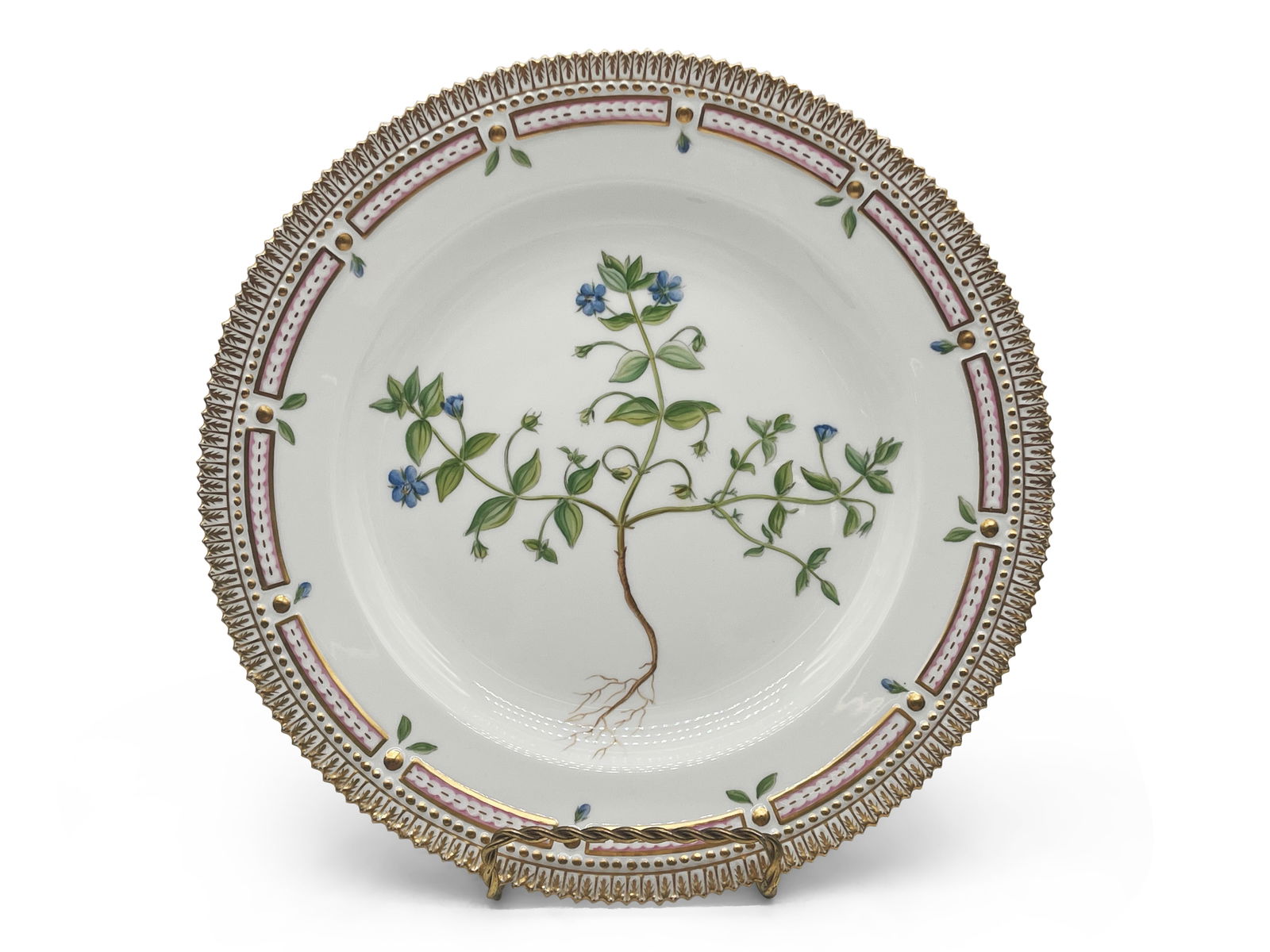 Royal Copenhagen Flora Danica Dinner Plate: A Royal Copenhagen Flora Danica dinner plate with gilt-decorated edges and botanical motif. Marked underneath. 10in diameter. | Philadelphia Metro area delivery, NYC curbside delivery, and internation