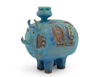 Rose Cabat (Attrib.) Figural Art Pottery Vase: An attributed to Rose Cabat (American, 1914-2015) cerulean-glazed pottery vase with imaginative animal form. Signed "Cabat" underneath. 6-1/2in tall x 6-1/2in wide. | Philadelphia Metro area delivery,