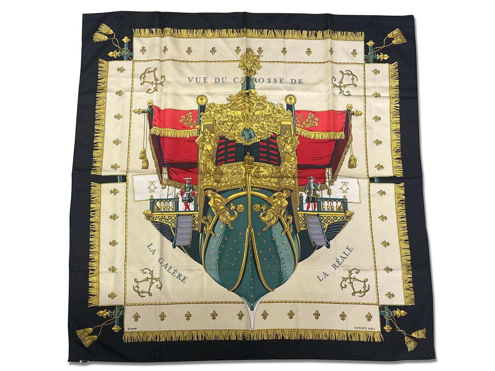 Hermès Vue de la Carosse de la Galere Scarf: An Hermès Vue de la Carosse de la Galere La Reale silk scarf with ship motif. 35in tall x 34-1/2in wide. | Philadelphia Metro area delivery, NYC curbside delivery, and international third-party shipp