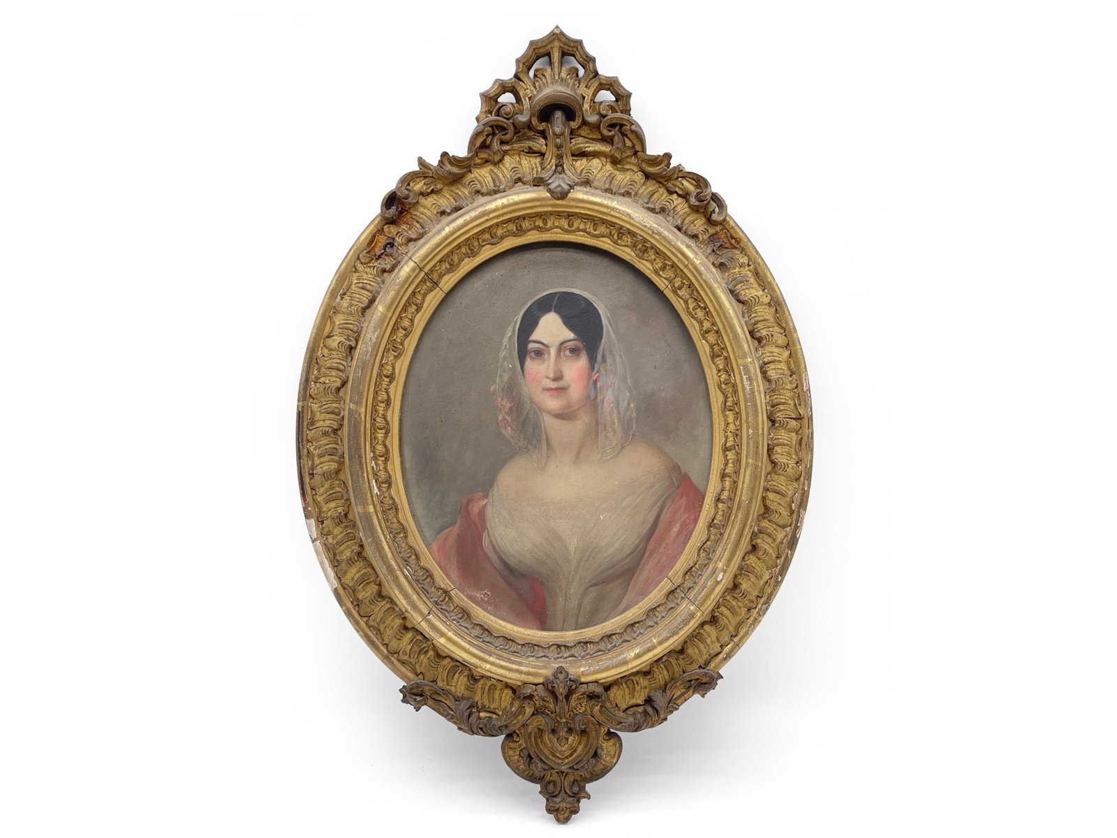 19th C. Oil/Board: Portrait of Woman: A 19th C. oil on board portrait of a woman wearing a pink dress, in an oval gilt wood frame. Board: 12in x 10in. Frame: 24in x 15-1/2in. | Philadelphia Metro area delivery, NYC curbside delivery, and 