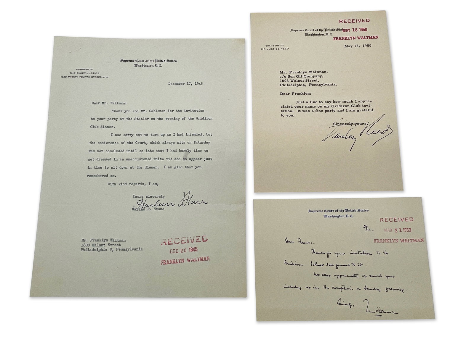 Three U.S. Supreme Court Signed Letters: Three letters signed by U.S. Supreme Court Chief Justice Harlan F. Stone, and U.S. Supreme Court Justice Stanley Reed, and Justice Thomas Clark. All on U.S. Supreme Court letterhead. Largest: 10-1/2in