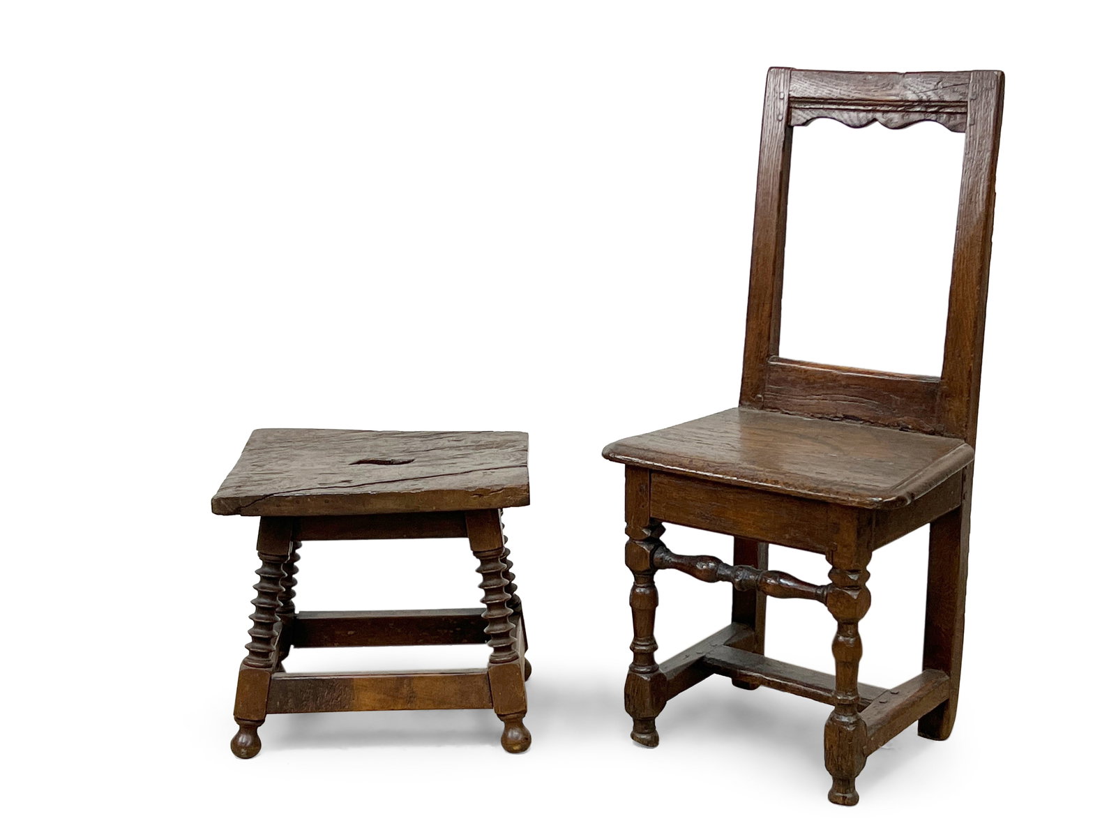 19th C. French Oak Side Chair and Stool (1 of 7)