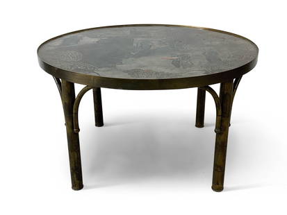 Philip and Kelvin LaVerne Tao Cocktail Table: A modern design etched bronze and pewter Philip and Kelvin LaVerne Tao cocktail table with etched signature. 17-1/2in tall x 29-1/1in wide. | Philadelphia Metro area delivery, NYC curbside delivery, a