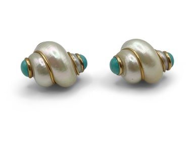 Shell and Turquoise 14K Gold Earrings