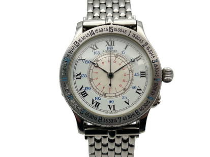 Longines Lindberg Hour Angle Watch: A Longines Charles Lindbergh Hour Angle wristwatch with a stainless steel case and bracelet. Case: 37in diameter. Currently in running order. | Philadelphia Metro area delivery, NYC curbside delivery,