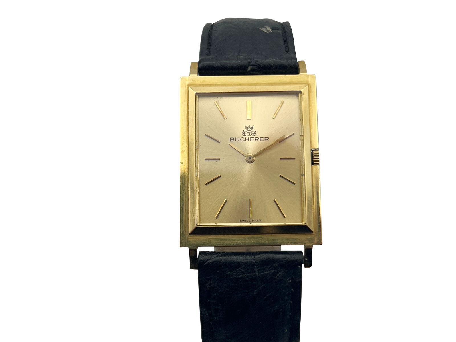 Bucherer 18K Yellow Gold Watch: A Bucherer 18K yellow gold watch with manual wind movement, numbered 1610. On a black leather strap with later buckle. 17.9 dwt. | Philadelphia Metro area delivery, NYC curbside delivery, and internat