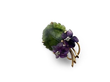 14K Carved Amethyst and Jade Flower Pin