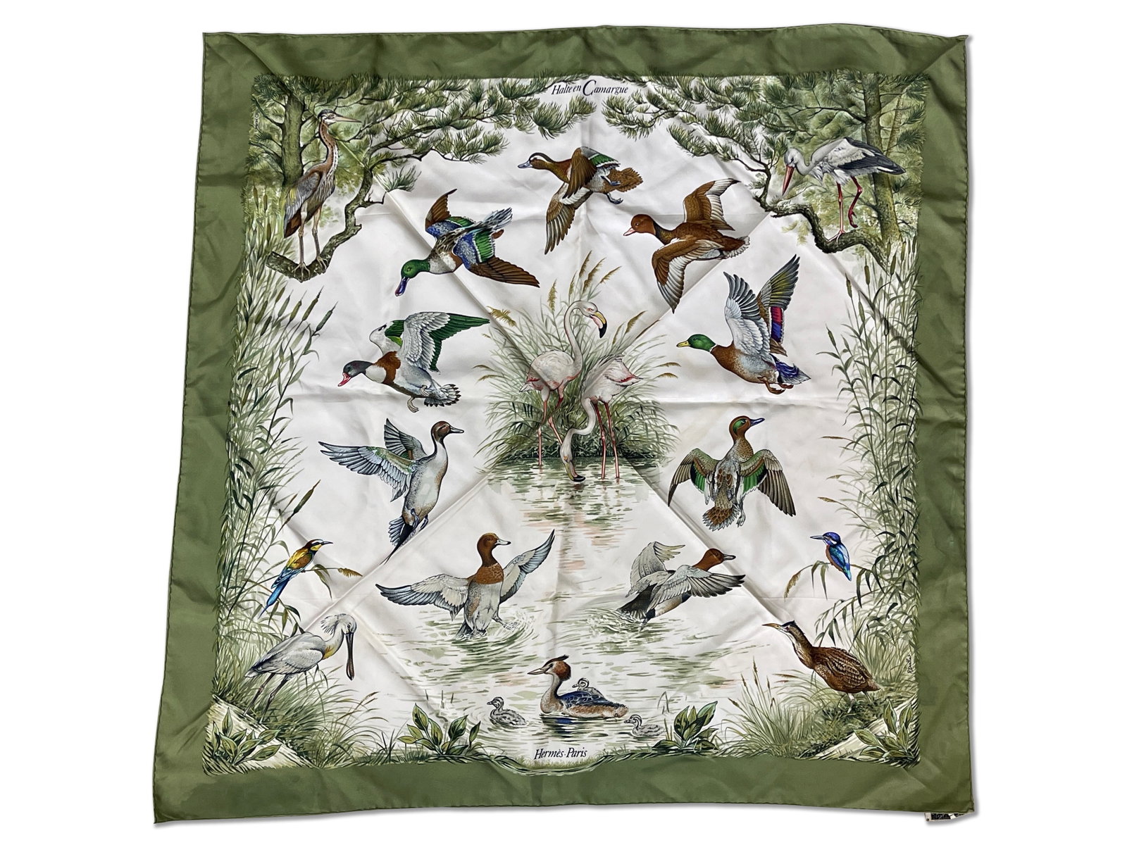 Hermès Halte en Camargue Silk Scarf: An Hermès Paris Halte en Camargue silk scarf. 34in tall x 34-1/2in wide. | Philadelphia Metro area delivery, NYC curbside delivery, and international third-party shipper information are all available