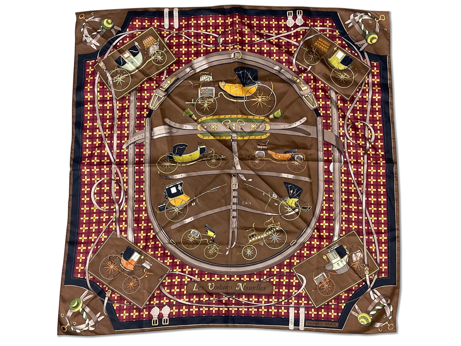 Hermès Les Voitures Nouvelle Silk Scarf: An Hermès Paris Les Voitures Nouvelles silk scarf with automobile motif. 34-1/2in tall x 34-1/2in wide. | Philadelphia Metro area delivery, NYC curbside delivery, and international third-party shippe