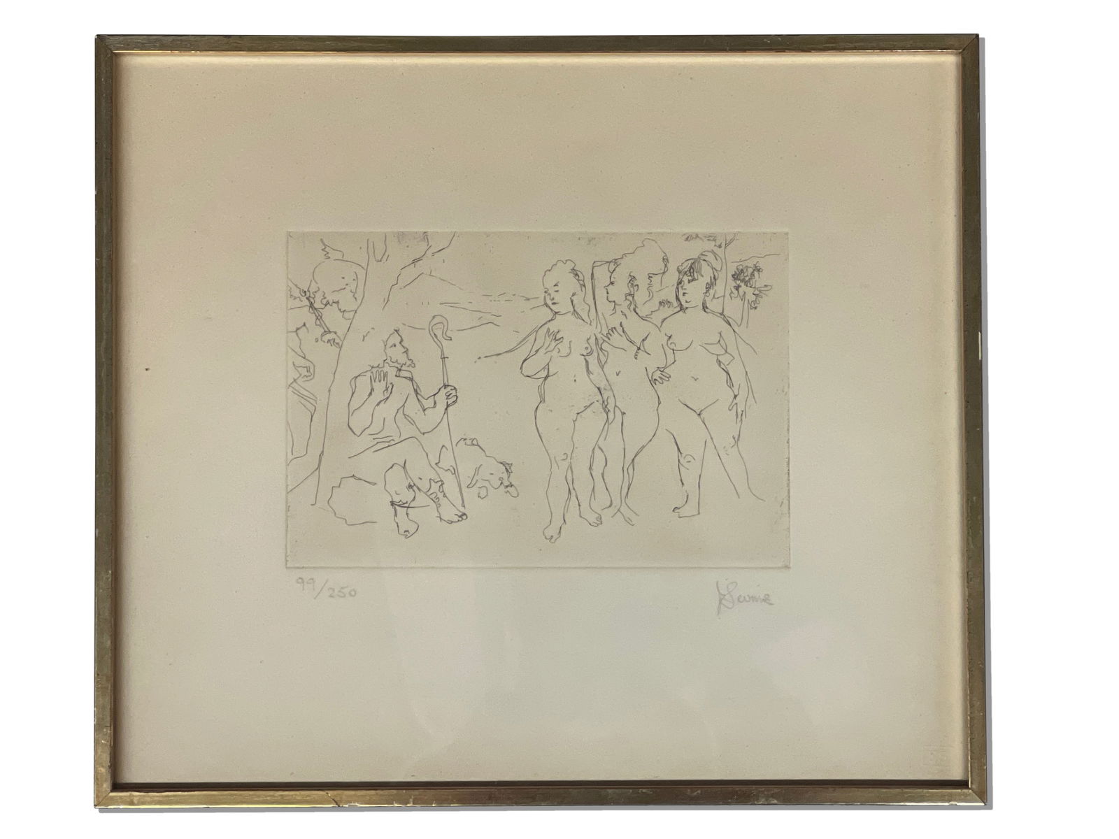 Jack Levine. Etching: Three Nudes and a Shephard: Jack Levine (American, 1915-2010). An etching titled "Three Nudes and a Shephard". Pencil signed lower right and numbered 99/250. Frame opening: 12-1/2in x 15in. Frame: 13-1/2in x 15-1/2in. | Philadel