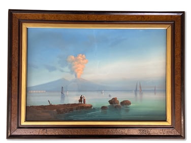 19th C. Italian School Oil/Board: Mt. Vesuvius