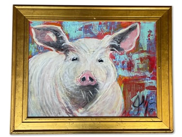 Gilt-Framed Oil/Canvas: Pig