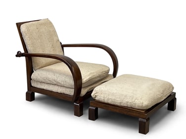 Walnut Art Deco Reclining Lounge Chair & Ottoman