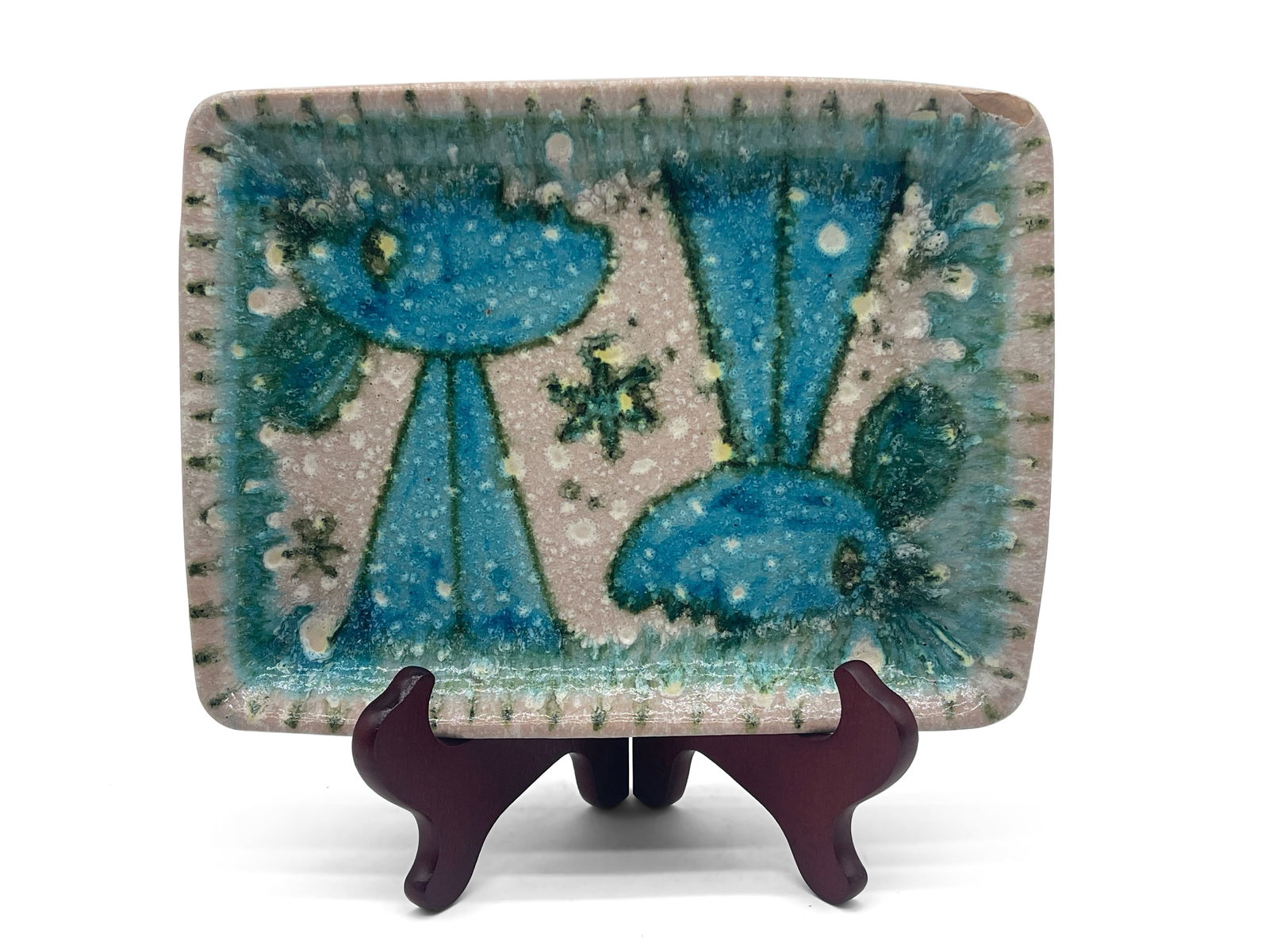 Guido Gambone Art Pottery Tray: A Guido Gambone Italian ceramic tray with modernist painted design. Signed on back. 1-1/2in tall x 11in wide. | Philadelphia Metro area delivery, NYC curbside delivery, and international third-party s