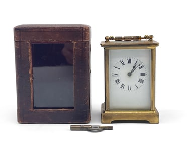 French Brass Carriage Clock with Leather Case