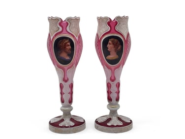 Pr. 19th C. Moser-style Portrait Glass Vases