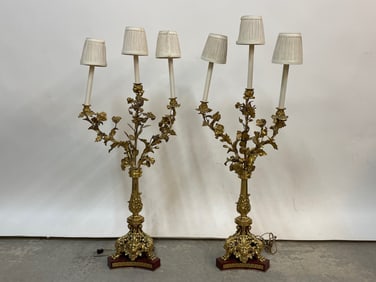 French Gilt Bronze & Marble Candelabra Lamps